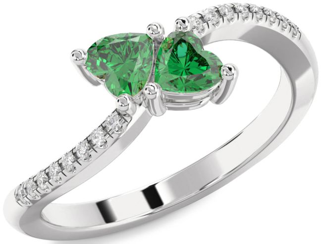 Diamond Emerald Silver Two Heart Birthstone Ring