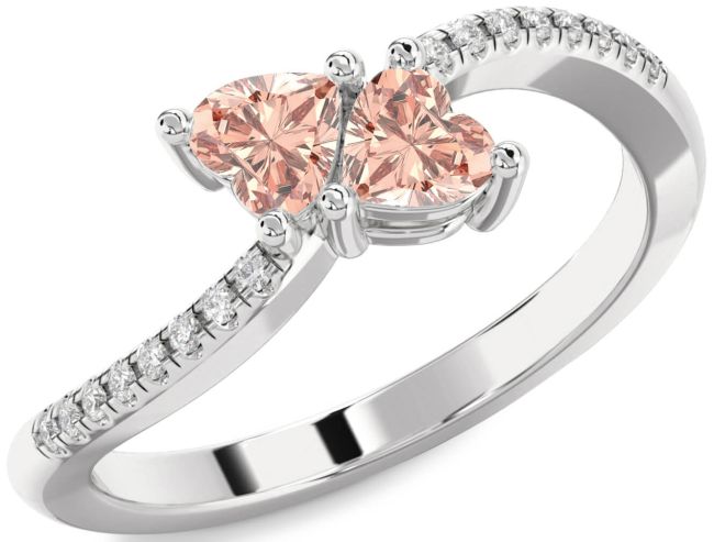Diamond Morganite Silver Two Heart Ring