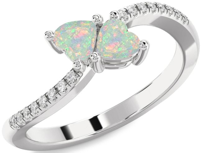 Diamond Opal Silver Two Heart Birthstone Ring