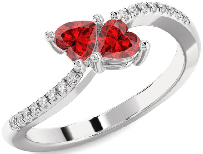 Diamond Ruby Silver Two Heart Birthstone Ring