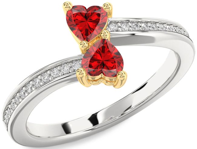 Diamond Ruby Gold Silver Two Heart Birthstone Ring