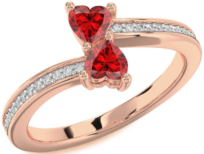 Diamond Ruby Rose Gold Two Heart Birthstone Ring