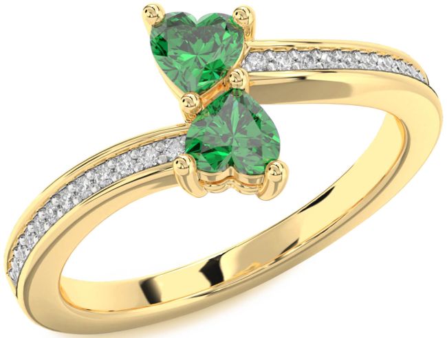Diamond Emerald Gold Two Heart Birthstone Ring