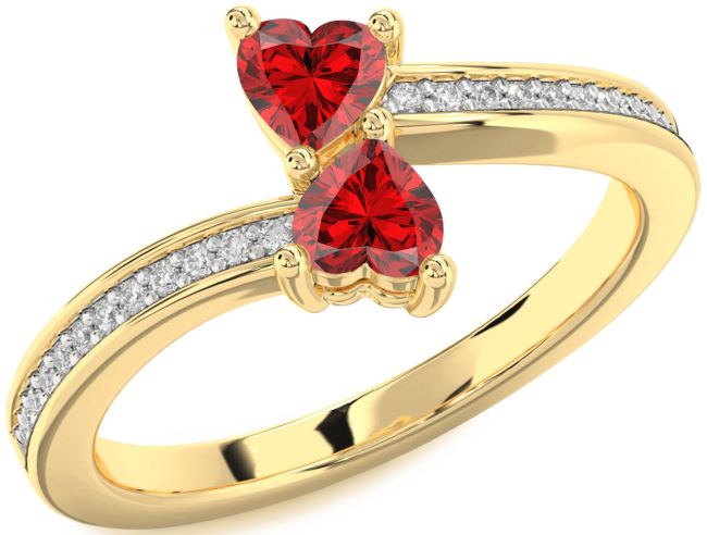 Diamond Ruby Gold Two Heart Birthstone Ring