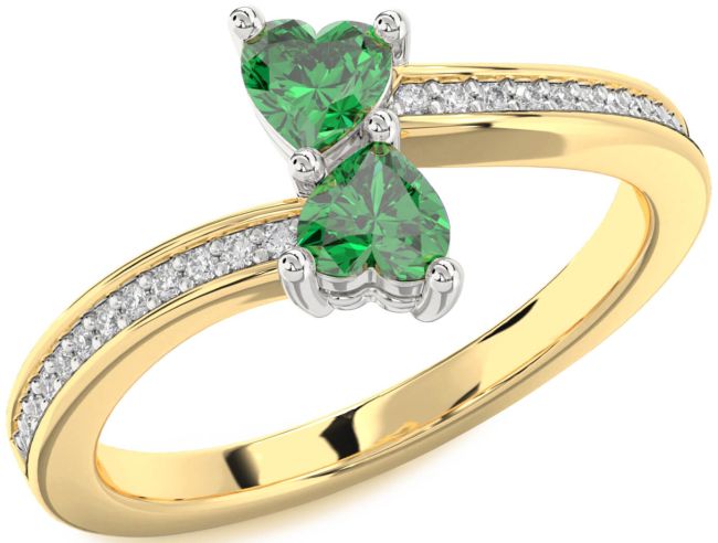 Diamond Emerald Gold Silver Two Heart Birthstone Ring