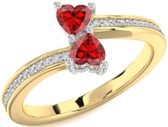 Diamond Ruby Gold Silver Two Heart Birthstone Ring