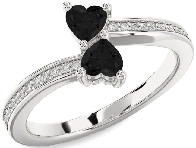 Black Diamond Silver Two Heart Ring