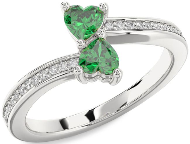 Diamond Emerald Silver Two Heart Birthstone Ring