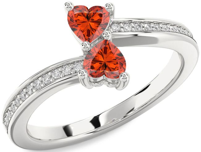 Diamond Fire Opal Silver Two Heart Ring