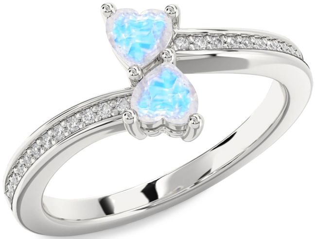 Diamond Moonstone Silver Two Heart Ring