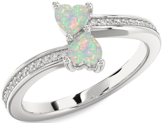 Diamond Opal Silver Two Heart Birthstone Ring