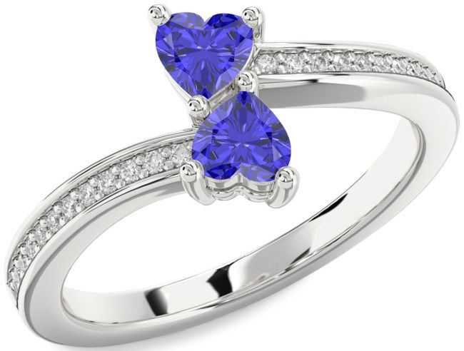 Diamond Tanzanite Silver Two Heart Ring