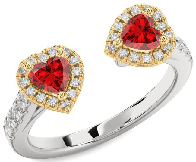 Diamond Ruby Gold Silver Two Heart Birthstone Ring