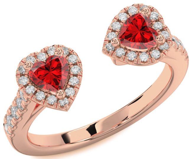 Diamond Ruby Rose Gold Two Heart Birthstone Ring