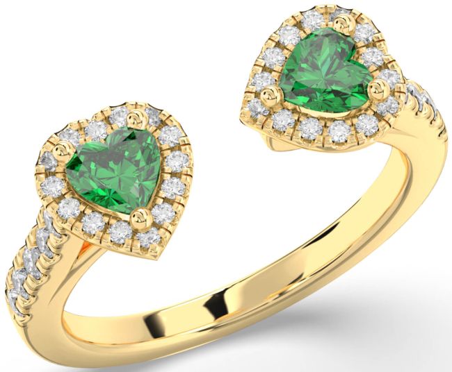 Diamond Emerald Gold Silver Two Heart Birthstone Ring