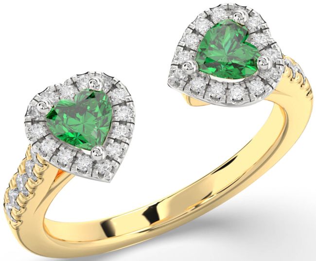Diamond Emerald Gold Silver Two Heart Birthstone Ring
