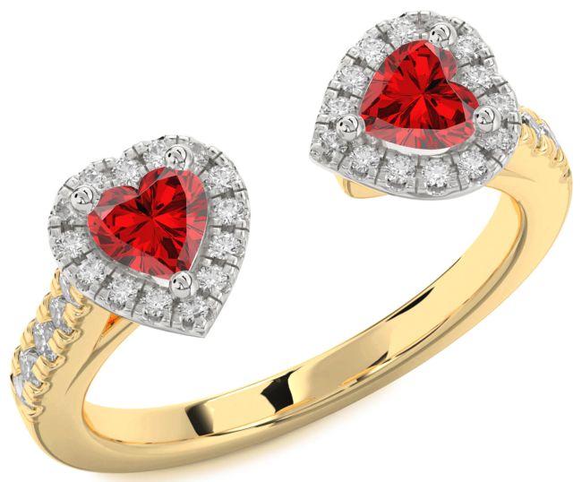 Diamond Ruby Gold Silver Two Heart Birthstone Ring