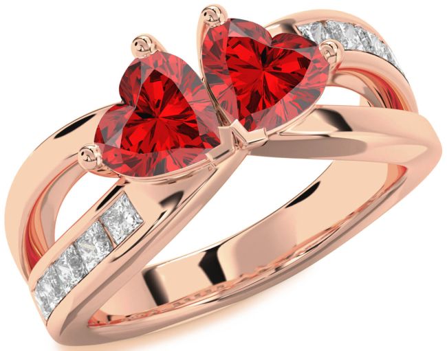 Diamond Ruby Rose Gold Two Heart Birthstone Ring