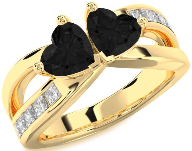 Black Diamond Gold Silver Two Heart Ring