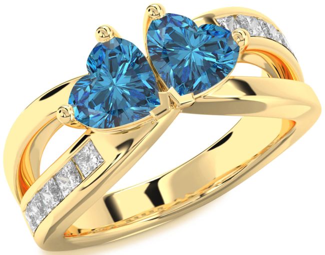 Blue Diamond Gold Silver Two Heart Ring