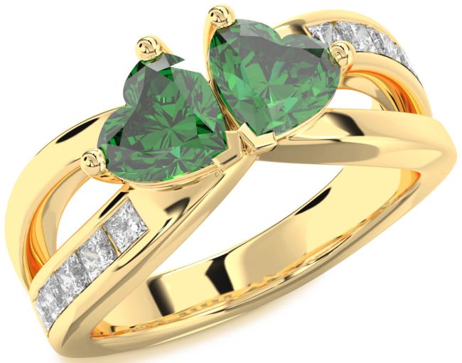 Diamond Emerald Gold Two Heart Birthstone Ring