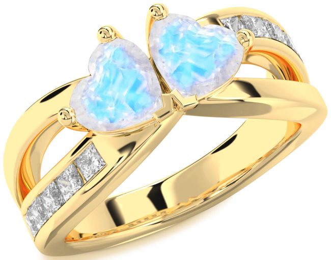 Diamond Moonstone Gold Silver Two Heart Ring