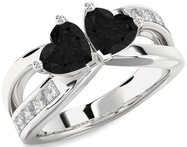 Black Diamond Silver Two Heart Ring