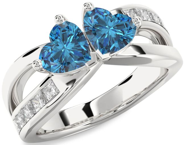 Blue Diamond Silver Two Heart Ring