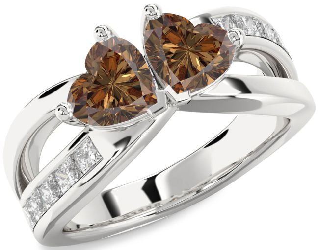 Chocolate Brown Diamond Silver Two Heart Ring