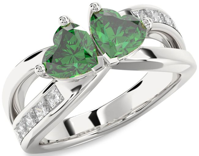 Diamond Emerald Silver Two Heart Birthstone Ring