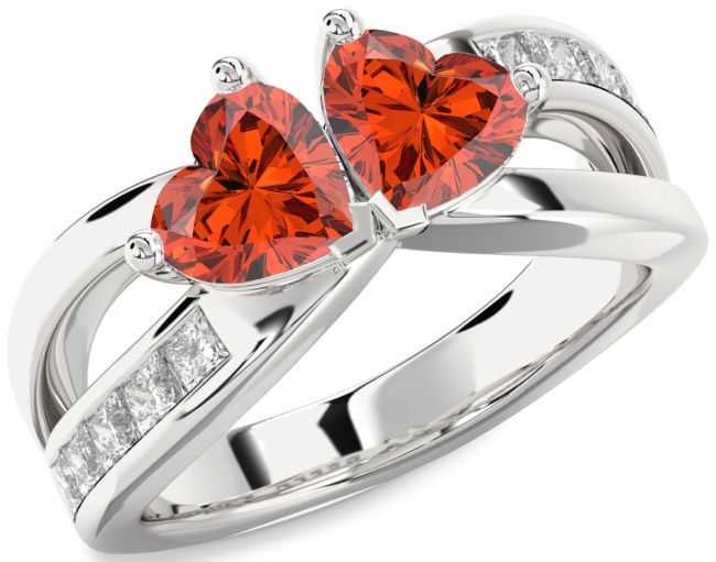 Diamond Fire Opal Silver Two Heart Ring