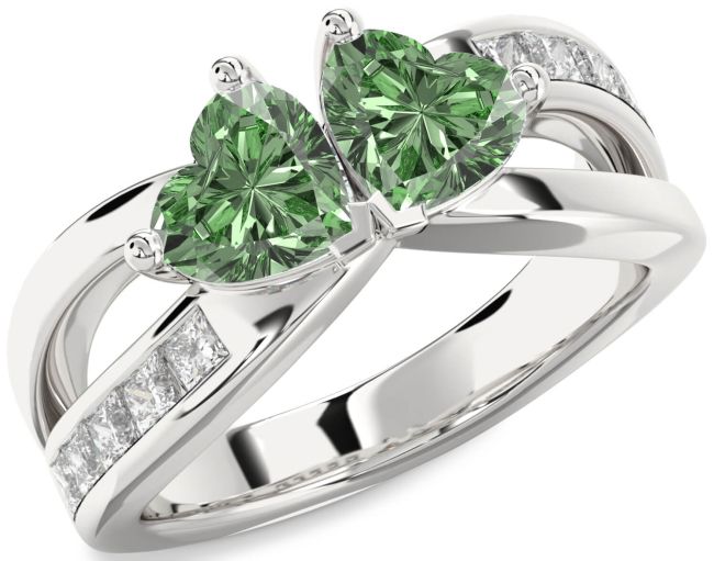 Green Diamond Silver Two Heart Ring
