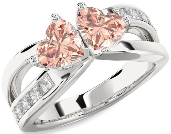 Diamond Morganite Silver Two Heart Ring