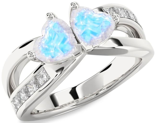 Diamond Moonstone Silver Two Heart Ring