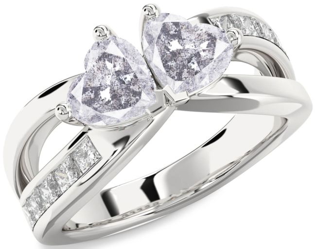 Salt & Pepper Diamond Silver Two Heart Ring