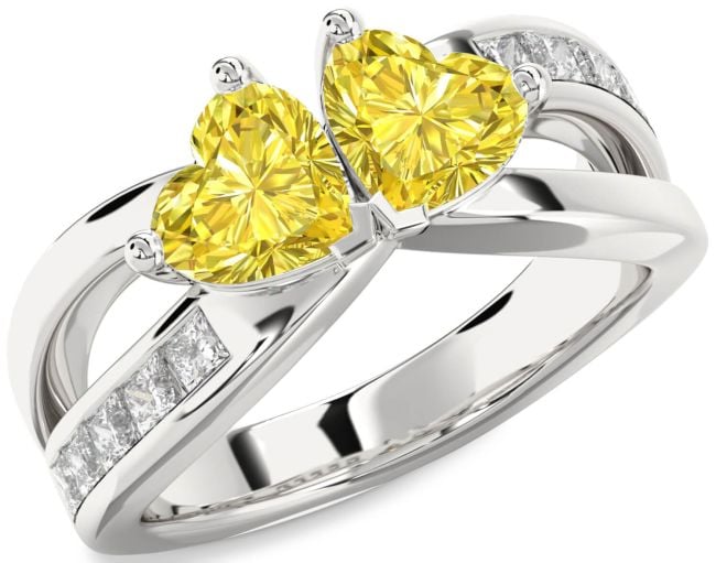 Yellow Diamond Silver Two Heart Ring