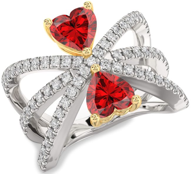 Diamond Ruby Gold Silver Two Heart Birthstone Ring