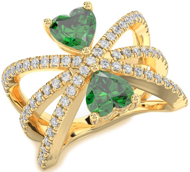 Diamond Emerald Gold Two Heart Birthstone Ring
