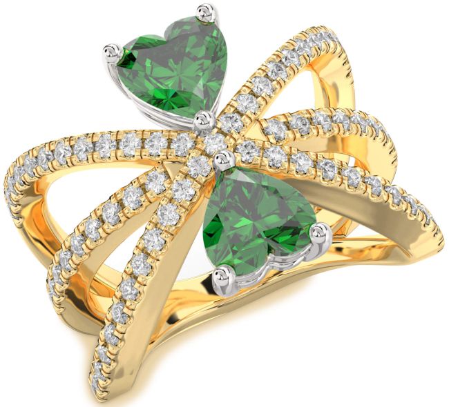 Diamond Emerald Gold Silver Two Heart Birthstone Ring