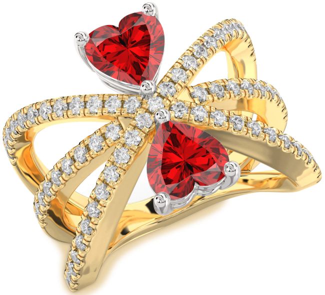 Diamond Ruby Gold Silver Two Heart Birthstone Ring