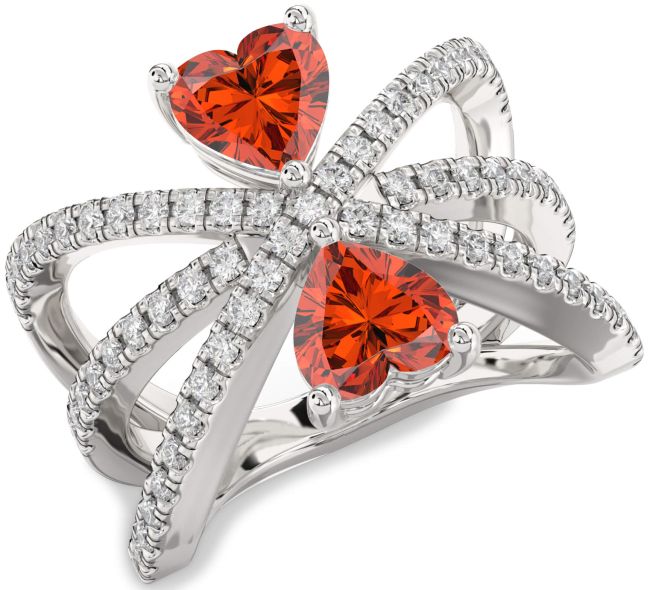 Diamond Fire Opal Silver Two Heart Ring