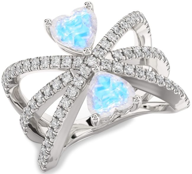 Diamond Moonstone Silver Two Heart Ring
