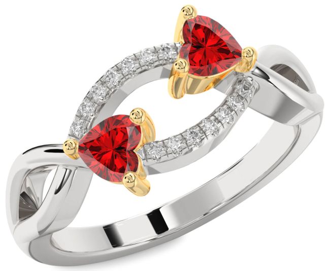 Diamond Ruby Gold Silver Two Heart Birthstone Ring
