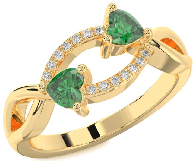 Diamond Emerald Gold Silver Two Heart Birthstone Ring