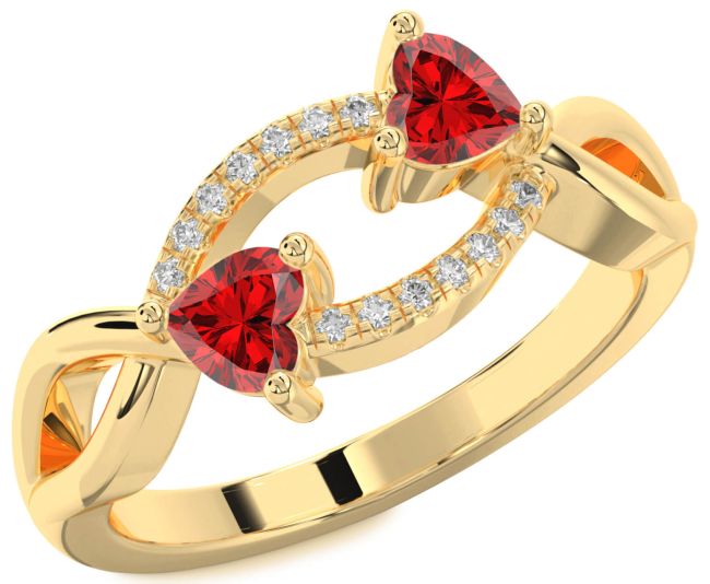 Diamond Ruby Gold Silver Two Heart Birthstone Ring