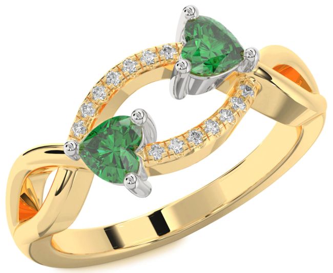 Diamond Emerald Gold Silver Two Heart Birthstone Ring
