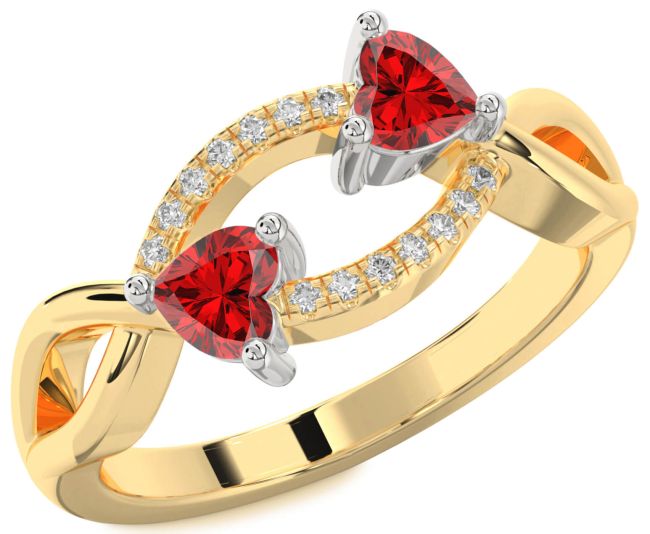 Diamond Ruby Gold Silver Two Heart Birthstone Ring