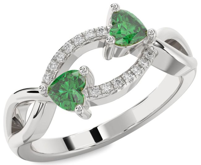 Diamond Emerald Silver Two Heart Birthstone Ring