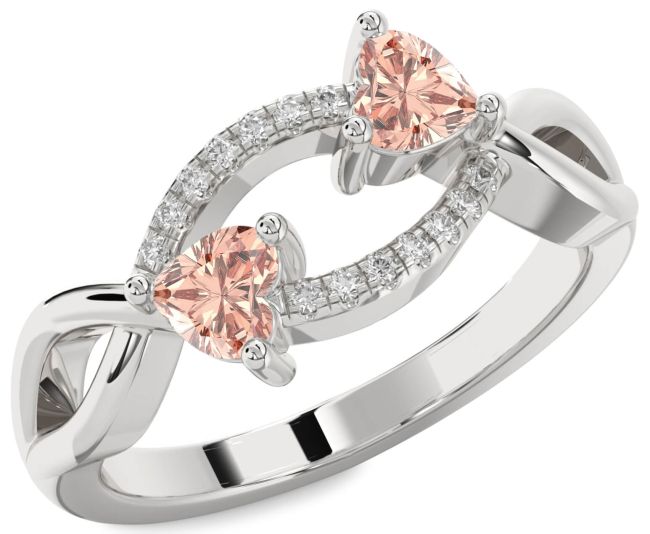 Diamond Morganite Silver Two Heart Ring