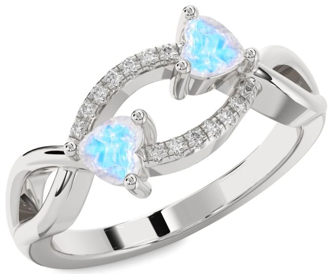 Diamond Moonstone Silver Two Heart Ring